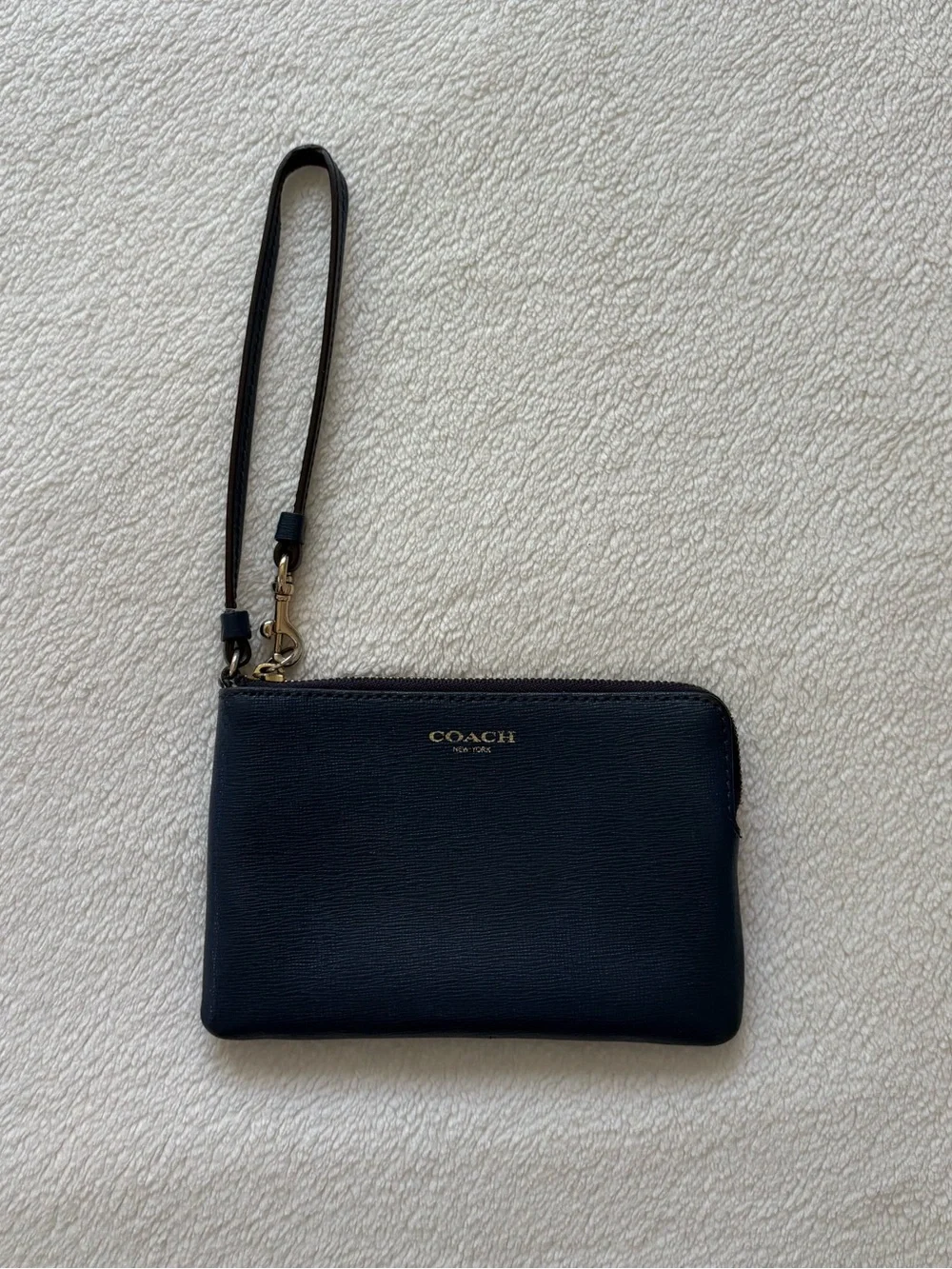 COACH Navy Leather Wristlet with Gold Hardware